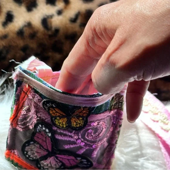 Fabric Collage Wallet Hand Crafted Pink and Black Butterfly Bag Purse Necklace - Picture 6 of 10